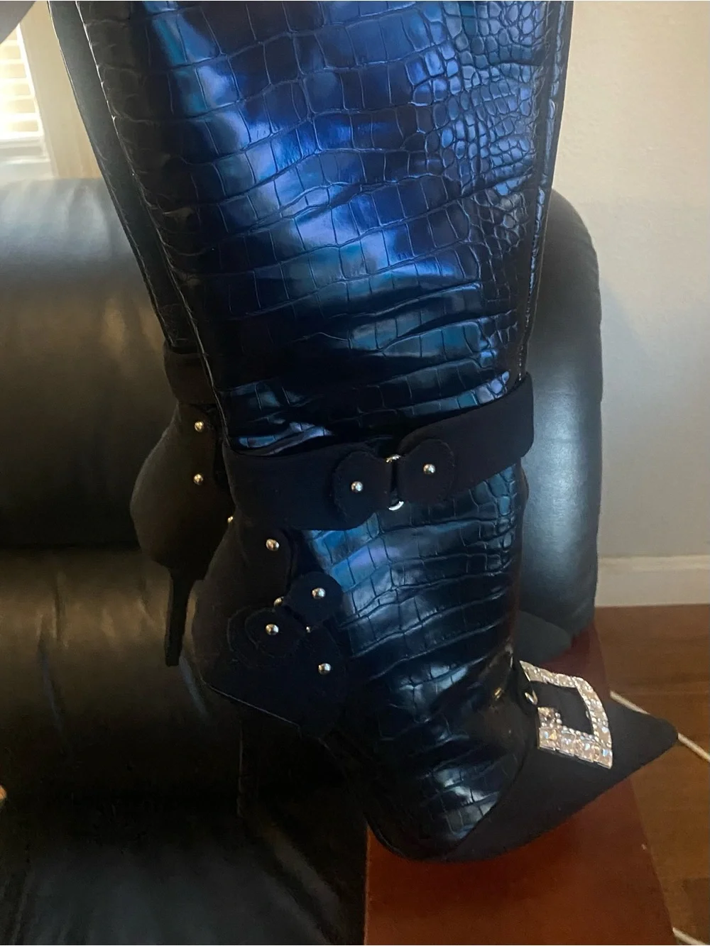 Fashion Nova Black Croc-Embossed Over-the-Knee Boot with Crystal Buckle Accent